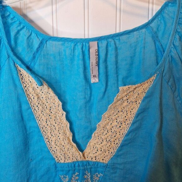 Old‎ Navy Womens Size XL Linen Blend Tunic Top Blue Embroidered Crochet Pullover - Picture 4 of 9